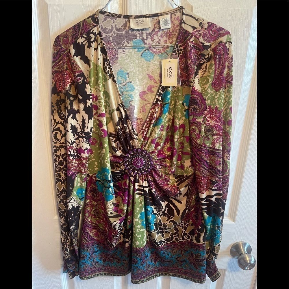 NWT Eci embellished paisley print top sz M